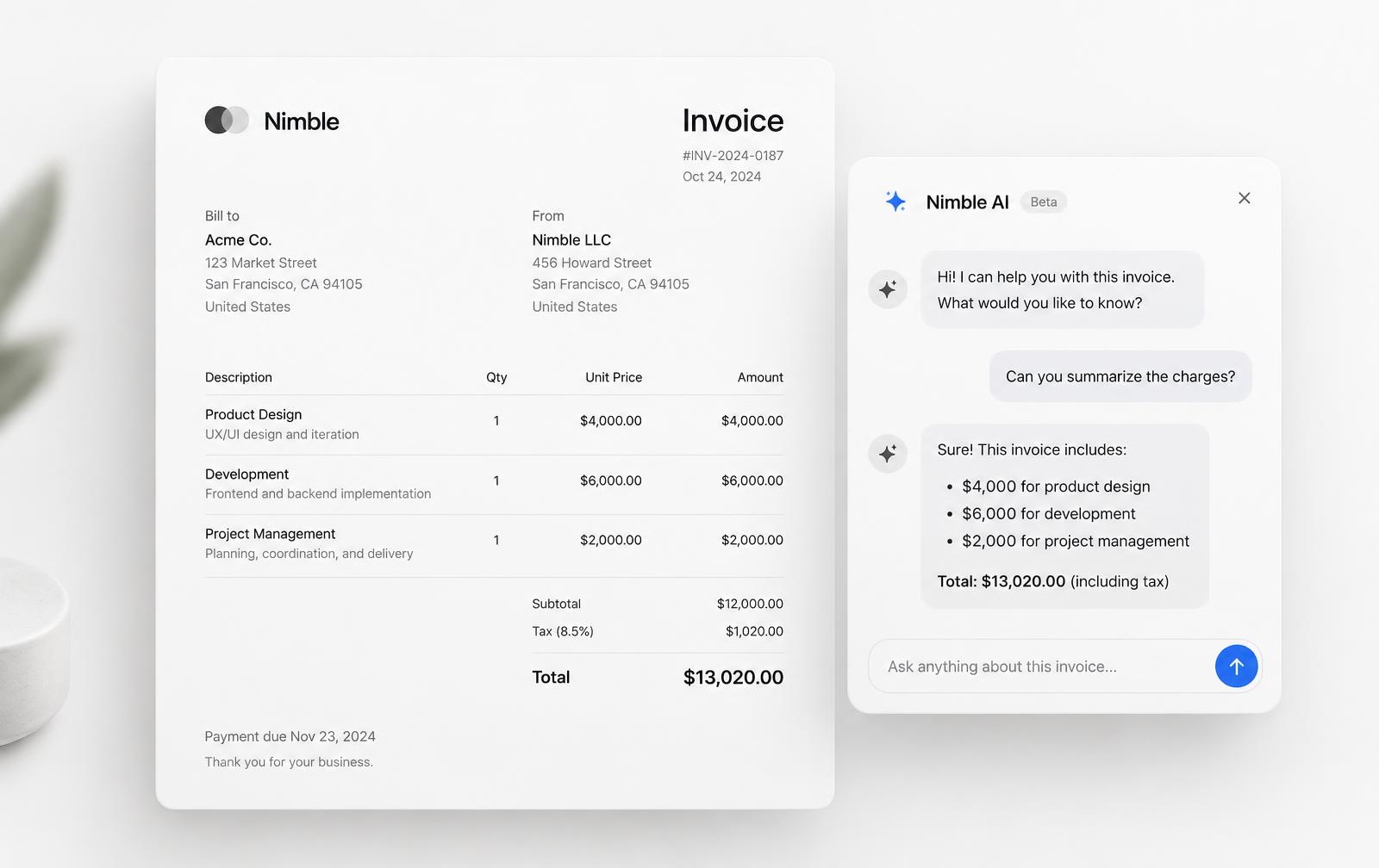 An invoice next to the Rezflows Co-pilot chat panel