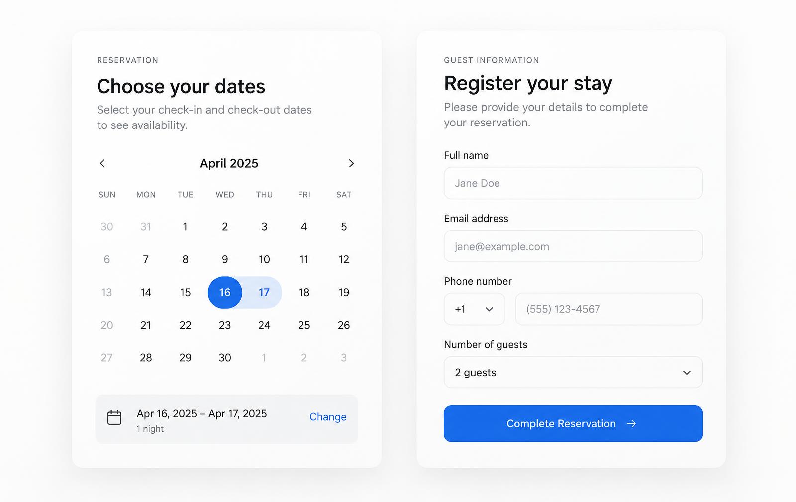 Reservation calendar and guest registration form